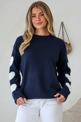 Gretchen Jumper - Crew Neck Contrast Heart Print Long Sleeves in Navy