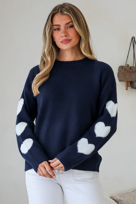 Gretchen Jumper - Crew Neck Contrast Heart Print Long Sleeves in Navy
