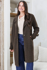 Griffin Cardigan - Collared Button Closure Coatigan with Pockets in Chocolate