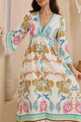 Gules Midi Dress - A Line Buttoned Down Dress with Lace Trim Sleeves in Bassena Print