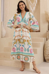 Gules Midi Dress - A Line Buttoned Down Dress with Lace Trim Sleeves in Bassena Print
