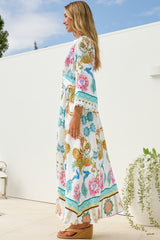 Gules Midi Dress - A Line Buttoned Down Dress with Lace Trim Sleeves in Bassena Print