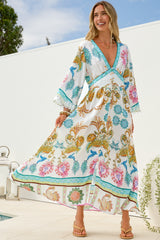 Gules Midi Dress - A Line Buttoned Down Dress with Lace Trim Sleeves in Bassena Print