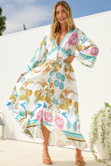 Gules Midi Dress - A Line Buttoned Down Dress with Lace Trim Sleeves in Bassena Print