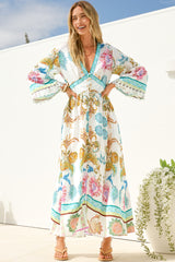 Gules Midi Dress - A Line Buttoned Down Dress with Lace Trim Sleeves in Bassena Print