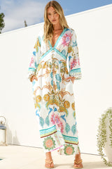 Gules Midi Dress - A Line Buttoned Down Dress with Lace Trim Sleeves in Bassena Print