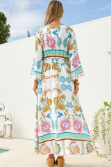 Gules Midi Dress - A Line Buttoned Down Dress with Lace Trim Sleeves in Bassena Print