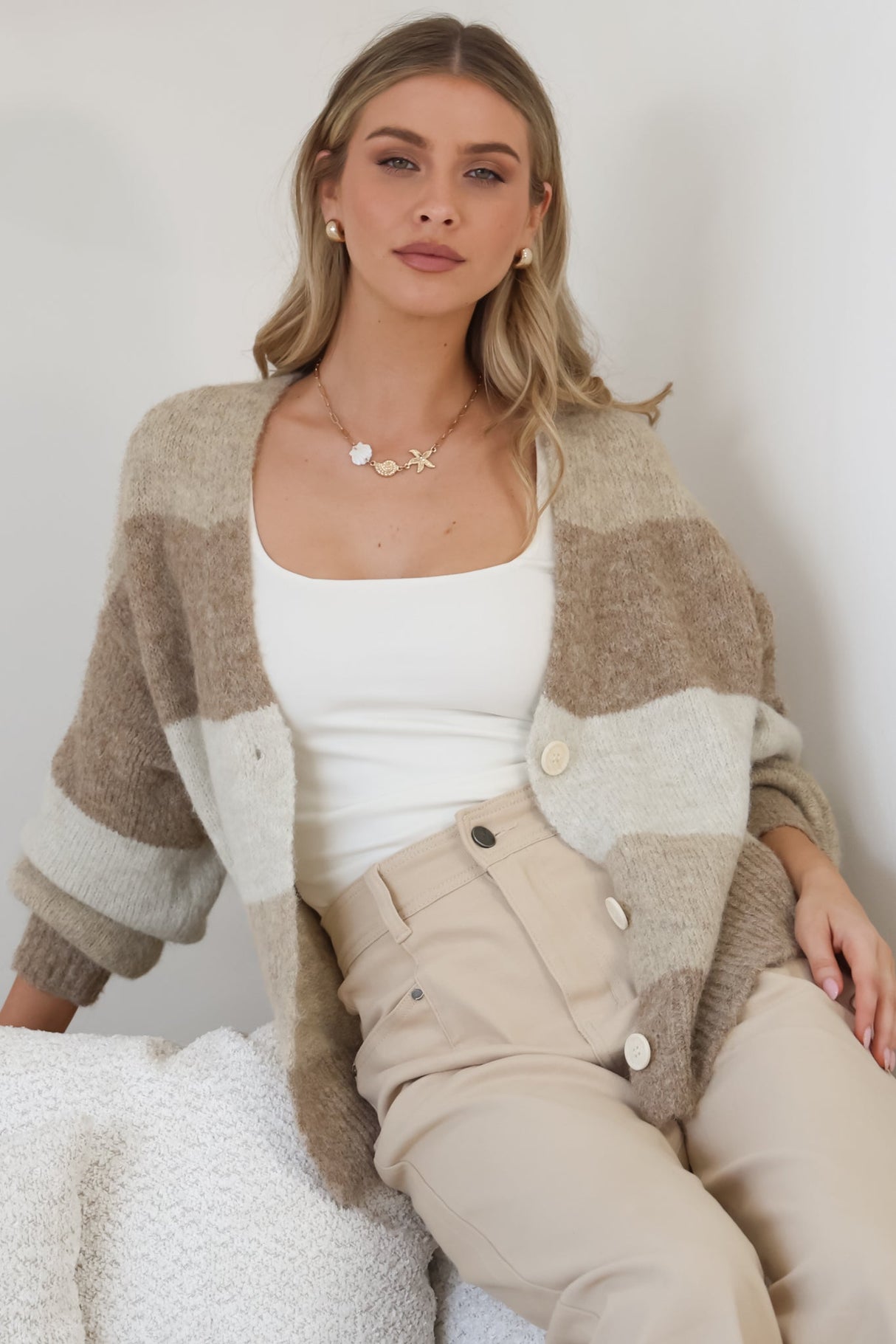 Gwen Cardigan - Stripe Buttoned Cardigan in Tan