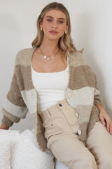 Gwen Cardigan - Stripe Buttoned Cardigan in Tan