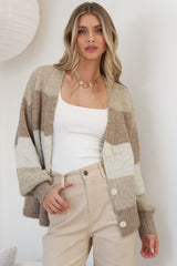 Gwen Cardigan - Stripe Buttoned Cardigan in Tan