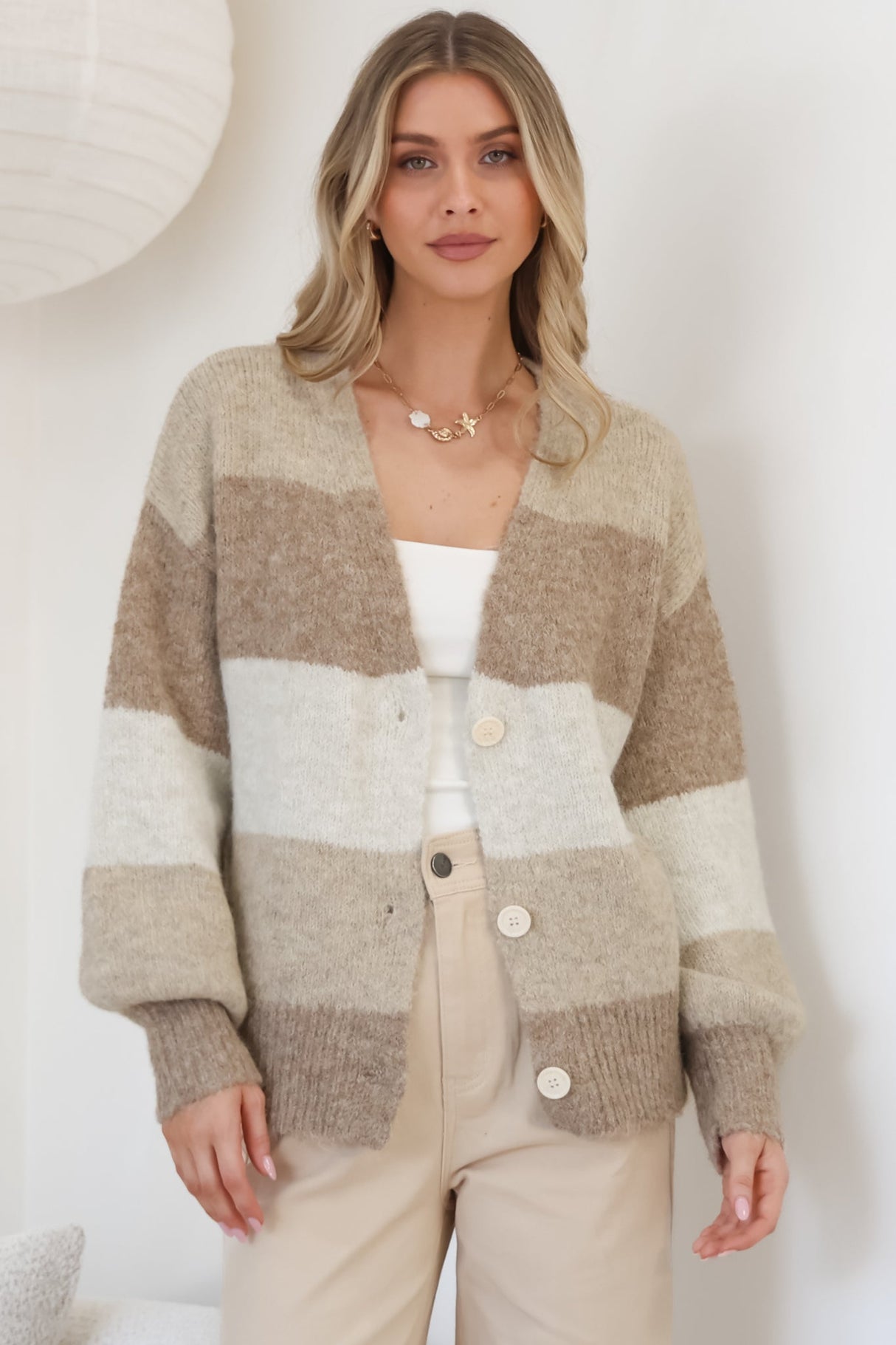 Gwen Cardigan - Stripe Buttoned Cardigan in Tan