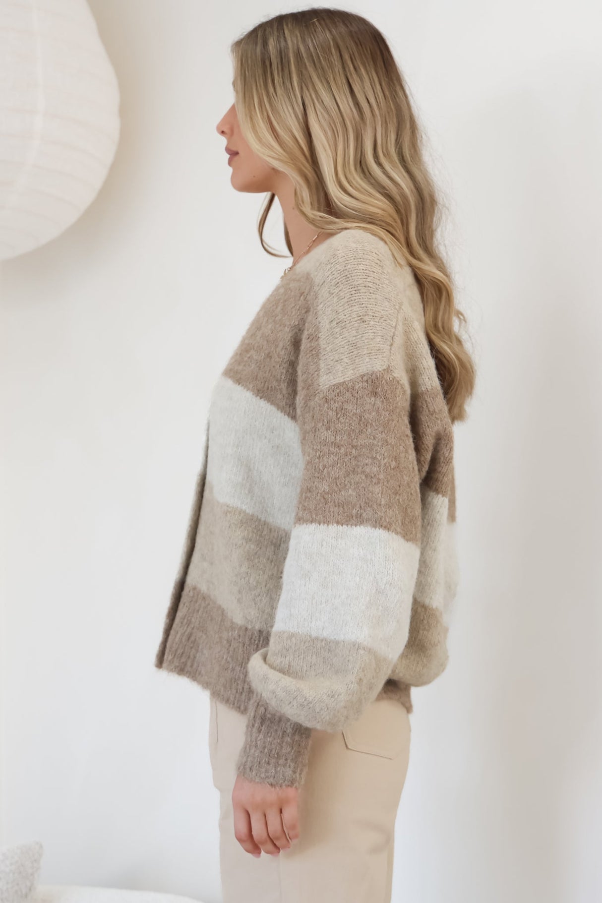 Gwen Cardigan - Stripe Buttoned Cardigan in Tan