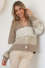 Gwen Cardigan - Stripe Buttoned Cardigan in Tan