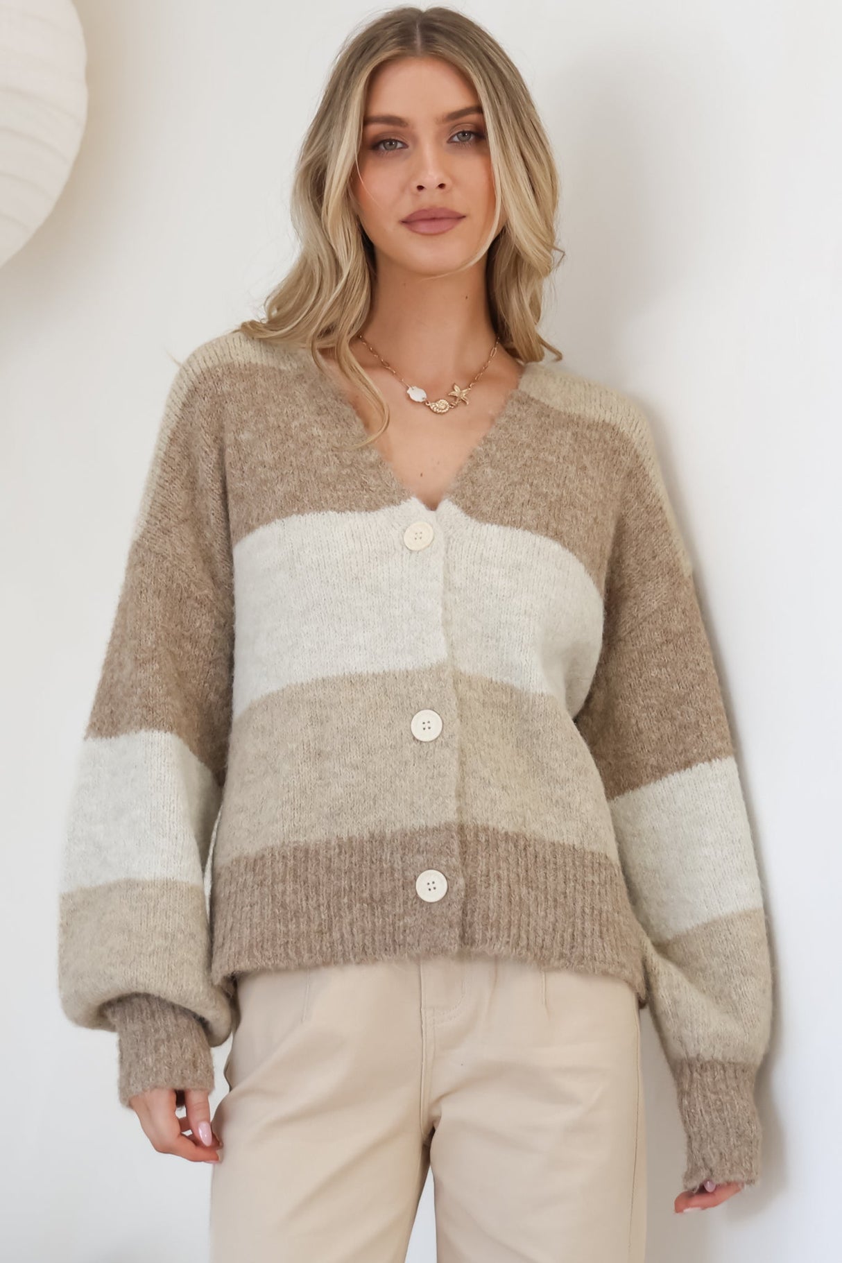 Gwen Cardigan - Stripe Buttoned Cardigan in Tan
