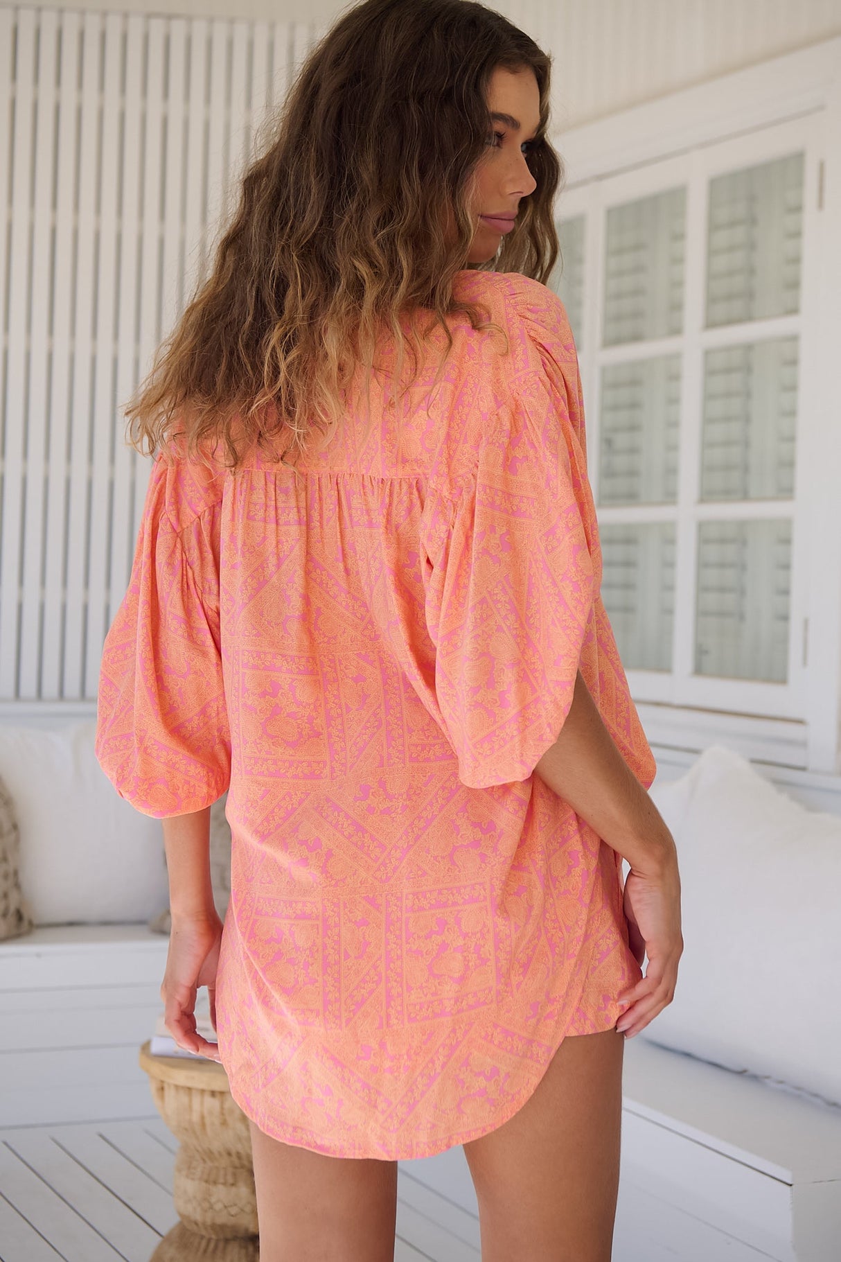 JAASE - Gypsea Blouse: Mandarin Collar Relaxed Button Down Shirt with Balloon Sleeves in Paloma Paradise Print