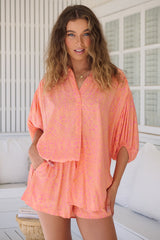 JAASE - Gypsea Blouse: Mandarin Collar Relaxed Button Down Shirt with Balloon Sleeves in Paloma Paradise Print