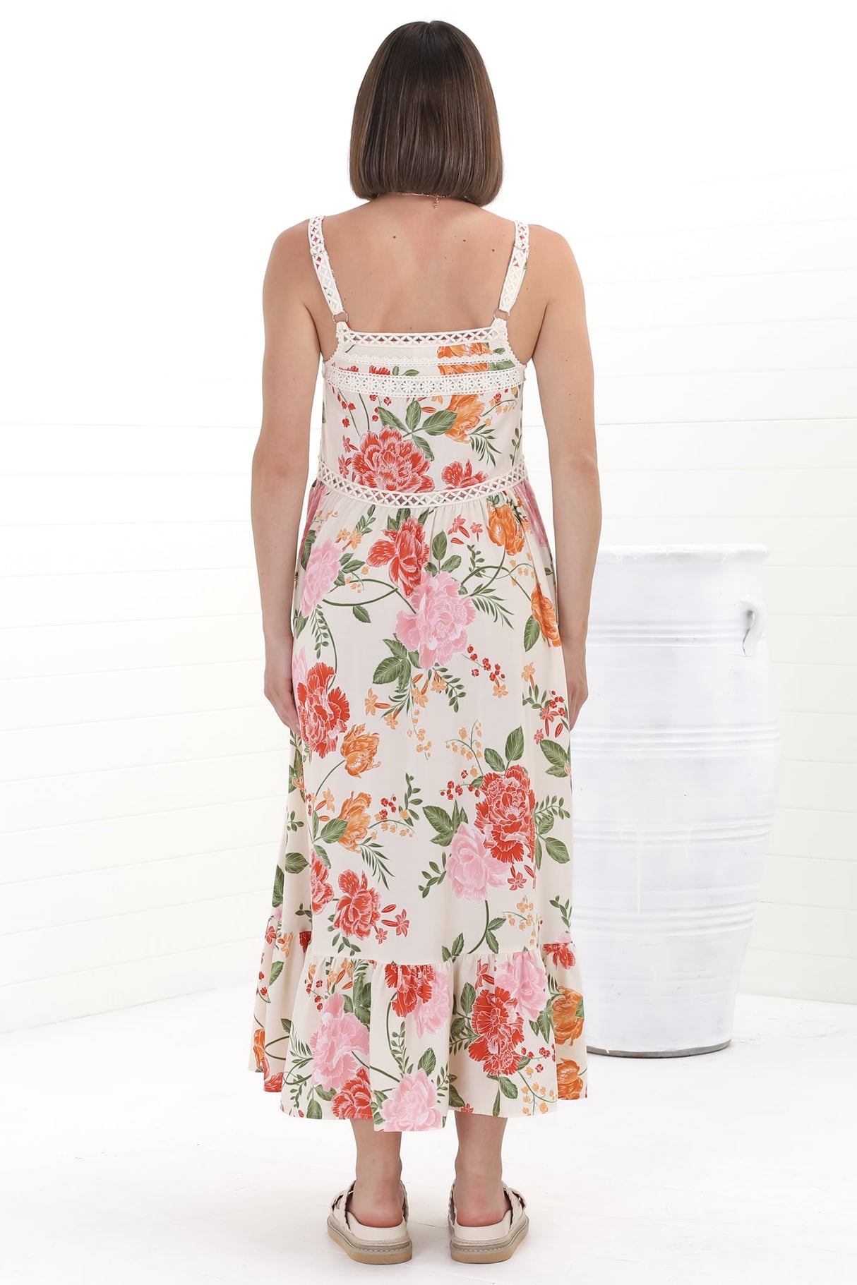 JAASE - Gypsy Midi Dress: Lattice Trim Adjustable Strap Sun Dress in Verbena Print