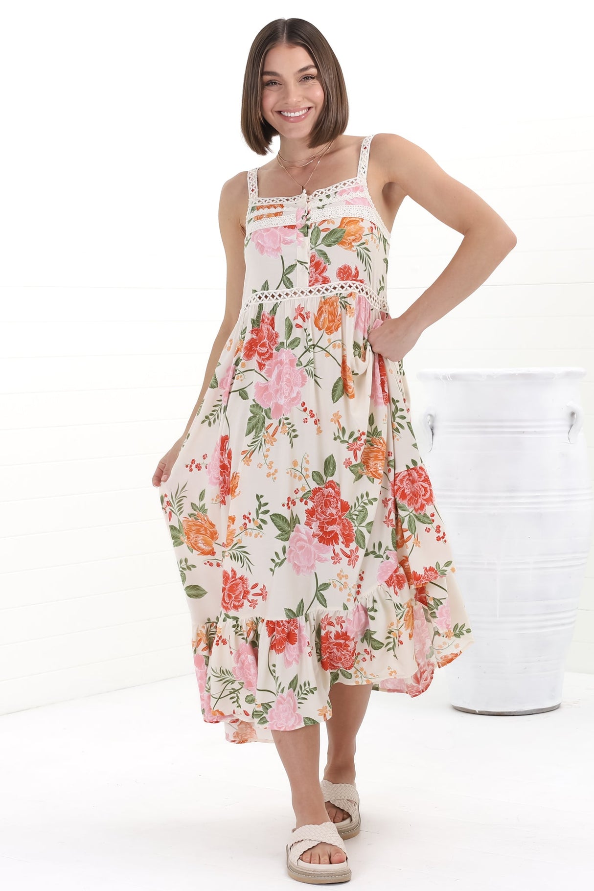 Gypsy Midi Dress - Lattice Trim Adjustable Strap Sun Dress in Verbena Print