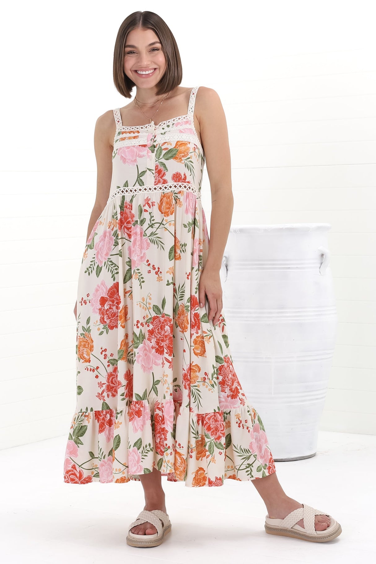 JAASE - Gypsy Midi Dress: Lattice Trim Adjustable Strap Sun Dress in Verbena Print