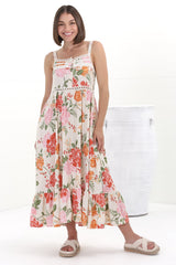 Gypsy Midi Dress - Lattice Trim Adjustable Strap Sun Dress in Verbena Print