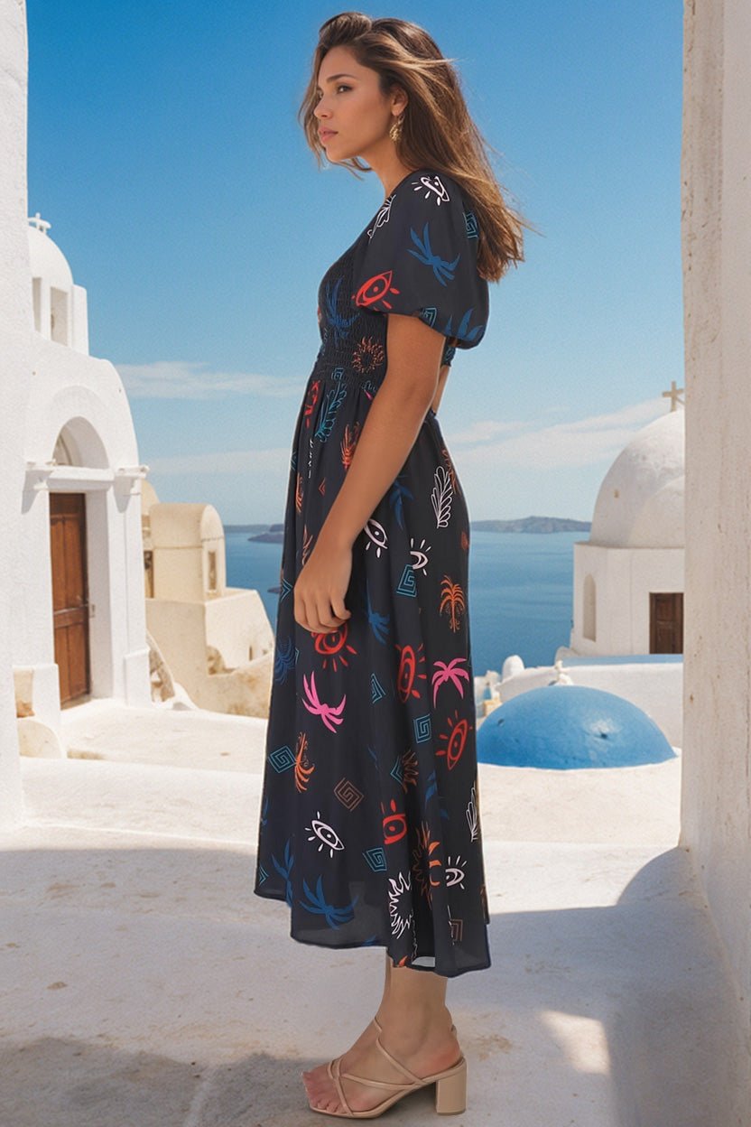 Shira Midi Dress - On Or Off Shoulder Elasticated Bodice Dress With Short Balloon Sleeves In Kalista Print Navy