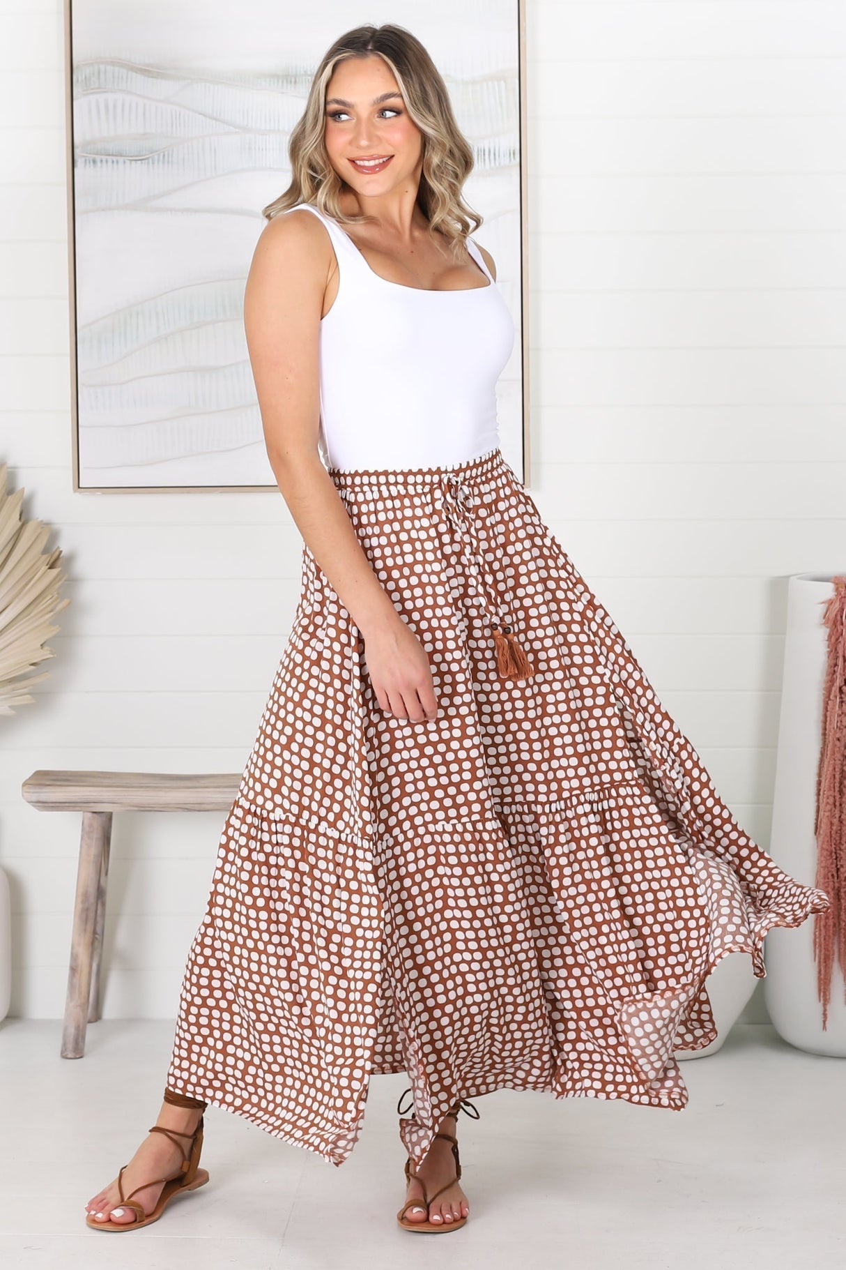 Hellen Maxi Skirt - High Waisted Skirt with Front Splits in Maryanne Print Tan