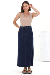 Hadrian Denim Maxi Skirt - High Waisted A-Line Skirt in Dark Denim