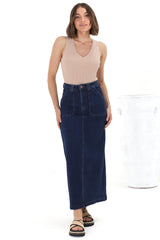 Hadrian Denim Maxi Skirt - High Waisted A-Line Skirt in Dark Denim