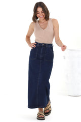 Hadrian Denim Maxi Skirt - High Waisted A-Line Skirt in Dark Denim