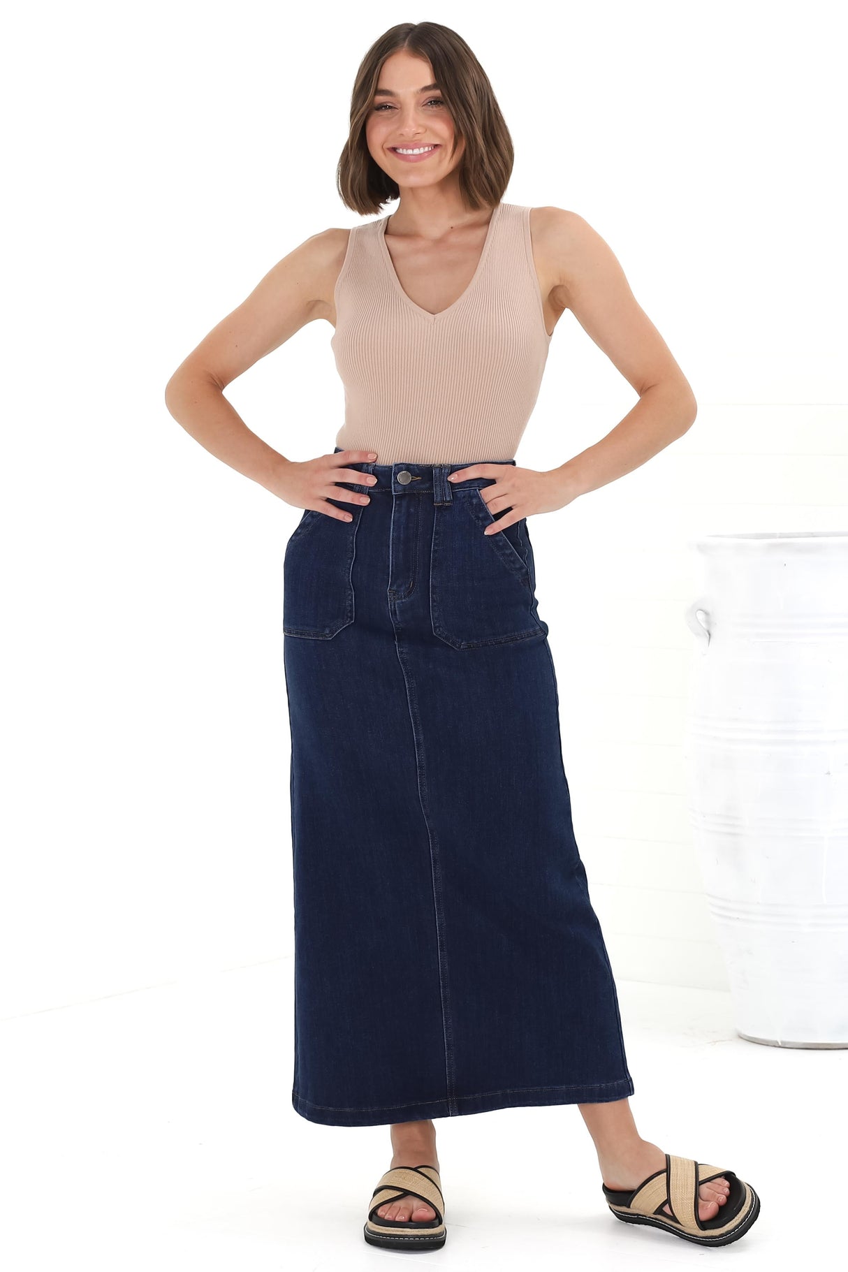 Hadrian Denim Maxi Skirt - High Waisted A-Line Skirt in Dark Denim