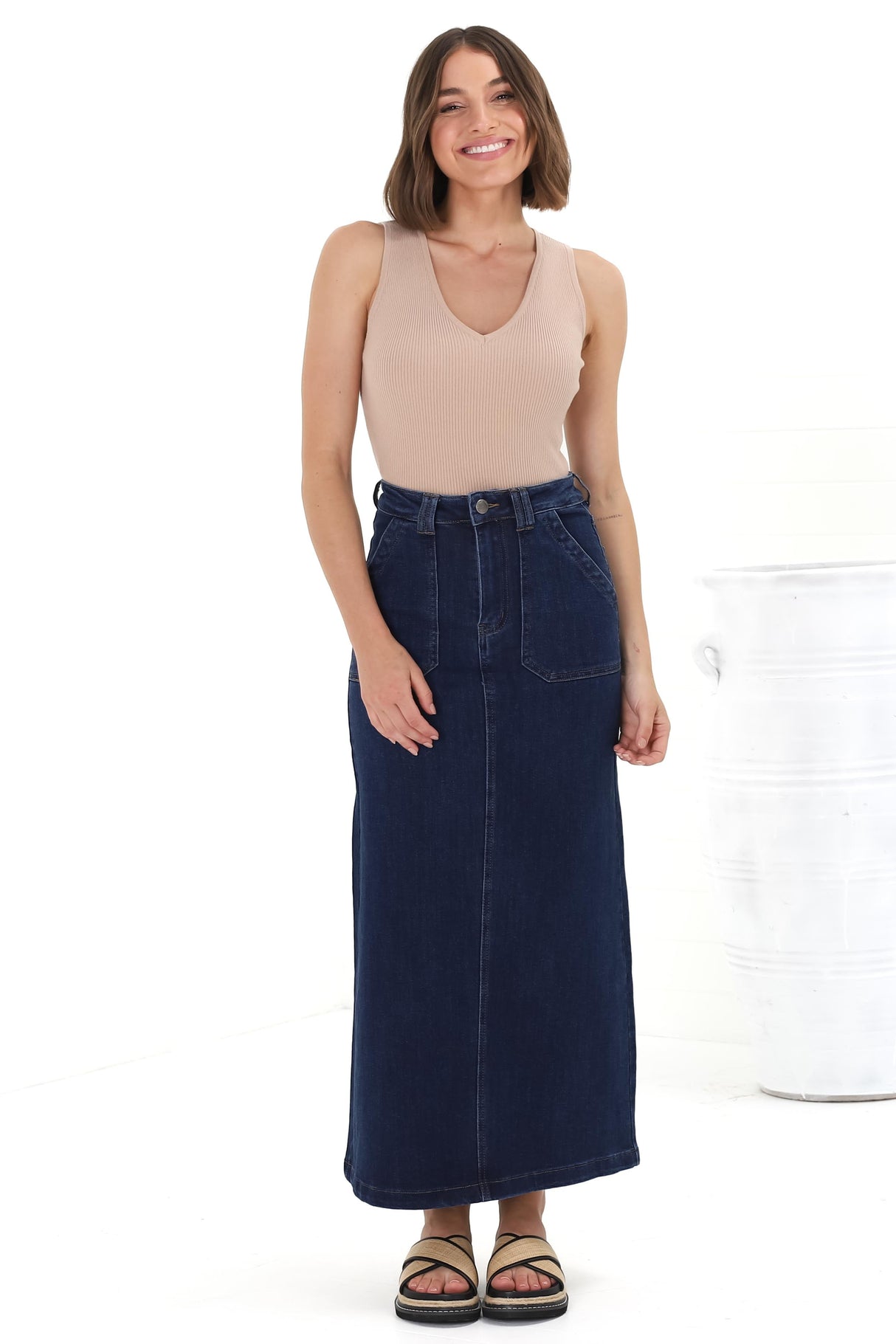 Hadrian Denim Maxi Skirt - High Waisted A-Line Skirt in Dark Denim