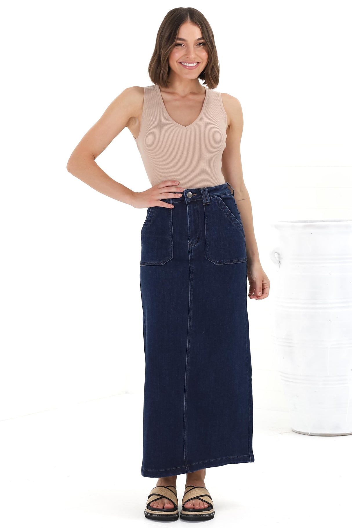 Hadrian Denim Maxi Skirt - High Waisted A-Line Skirt in Dark Denim