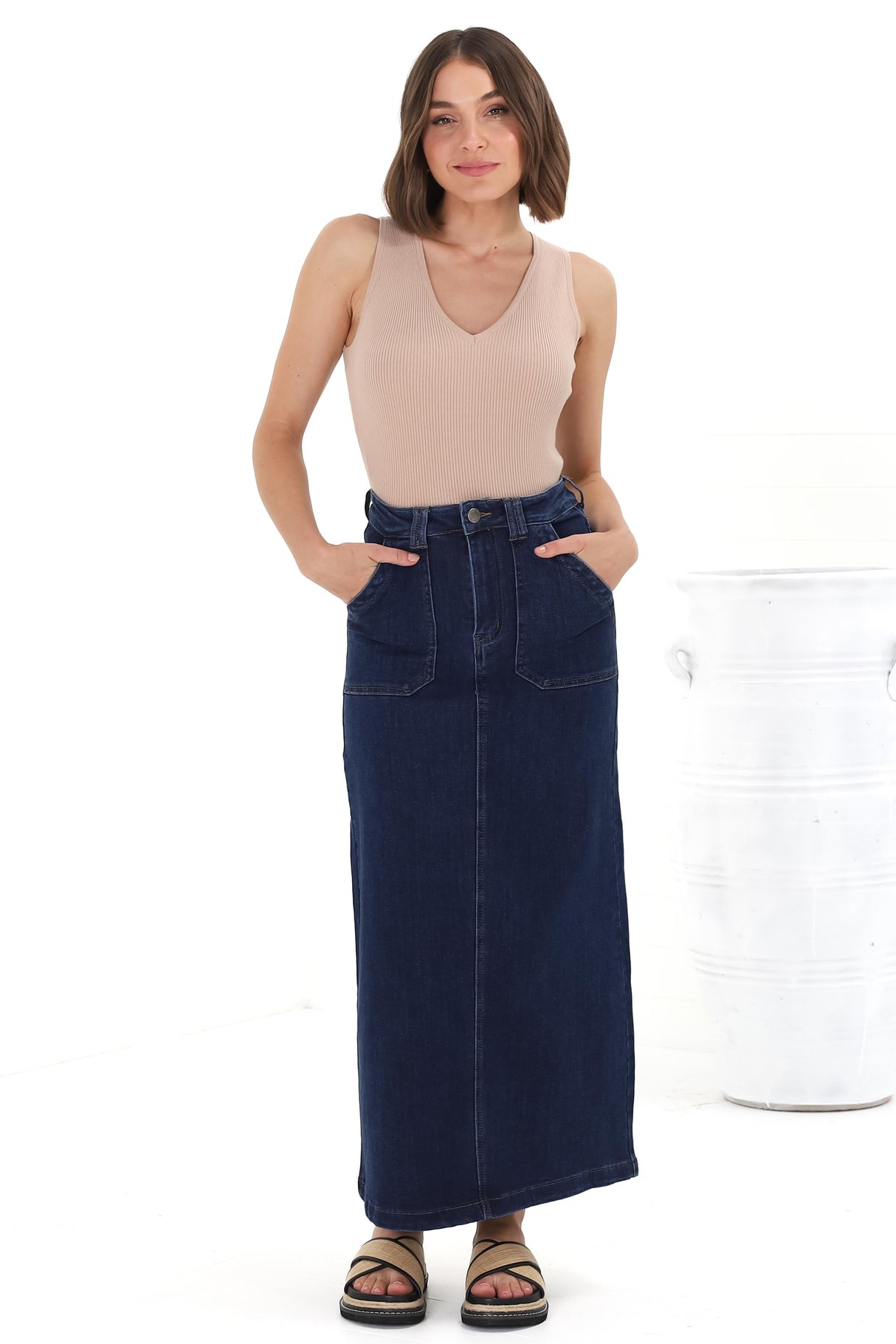 Hadrian Denim Maxi Skirt - High Waisted A-Line Skirt in Dark Denim