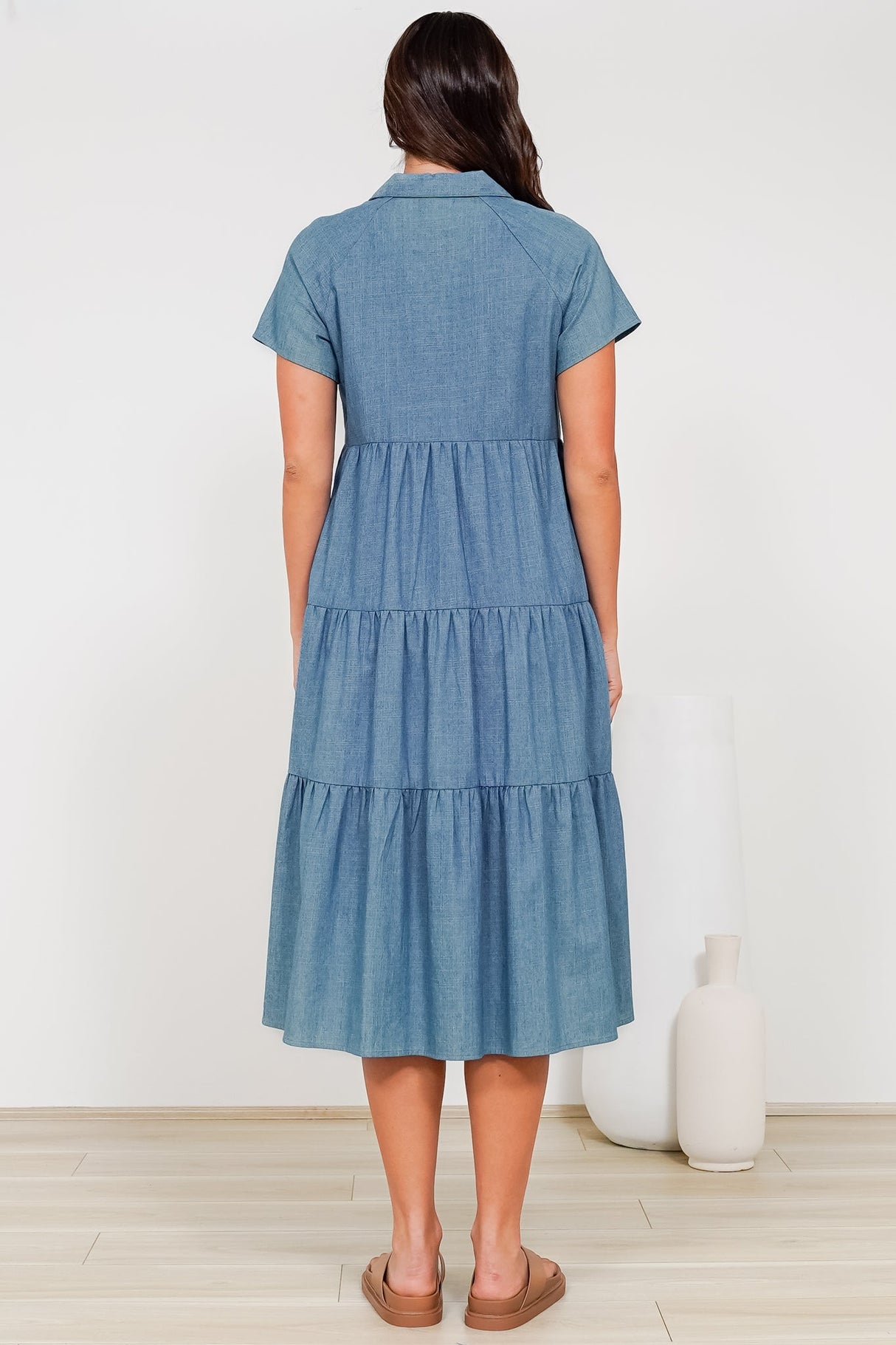 Hailey Midi Dress - Collared Tiered Button Down Dress in Light Chambray