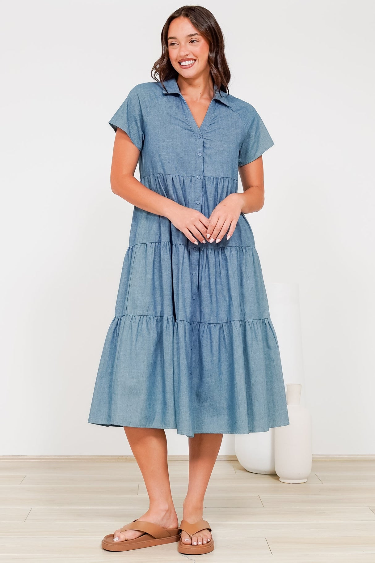 Hailey Midi Dress - Collared Tiered Button Down Dress in Light Chambray