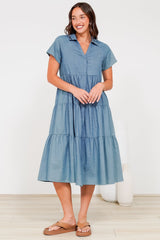 Hailey Midi Dress - Collared Tiered Button Down Dress in Light Chambray