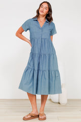 Hailey Midi Dress - Collared Tiered Button Down Dress in Light Chambray