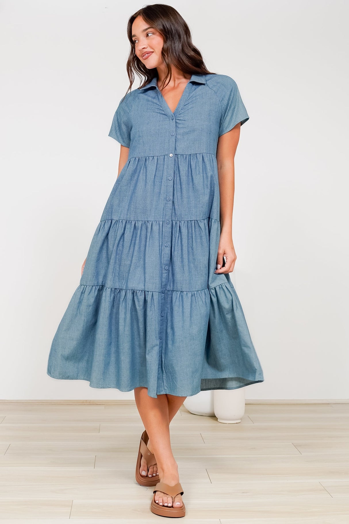 Hailey Midi Dress - Collared Tiered Button Down Dress in Light Chambray