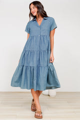 Hailey Midi Dress - Collared Tiered Button Down Dress in Light Chambray