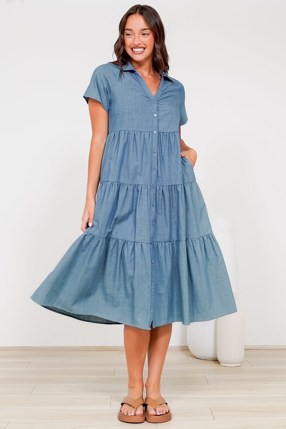 Hailey Midi Dress - Collared Tiered Button Down Dress in Light Chambray