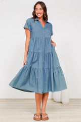 Hailey Midi Dress - Collared Tiered Button Down Dress in Light Chambray