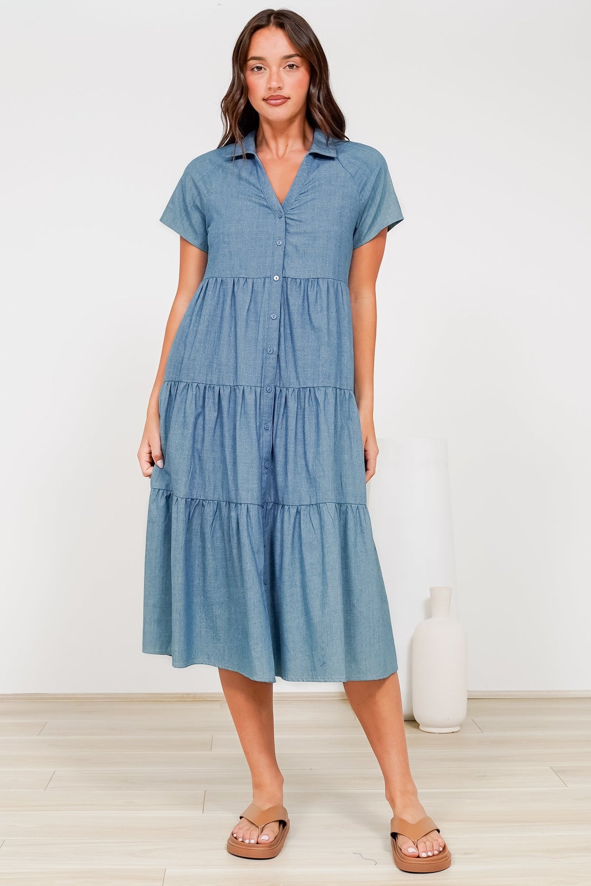 Hailey Midi Dress - Collared Tiered Button Down Dress in Light Chambray
