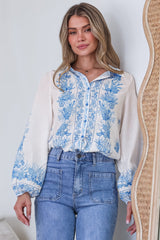 Hailie Shirt - Wing Collar Button Down with Long Balloon Sleeves in Sweeney Print Blue