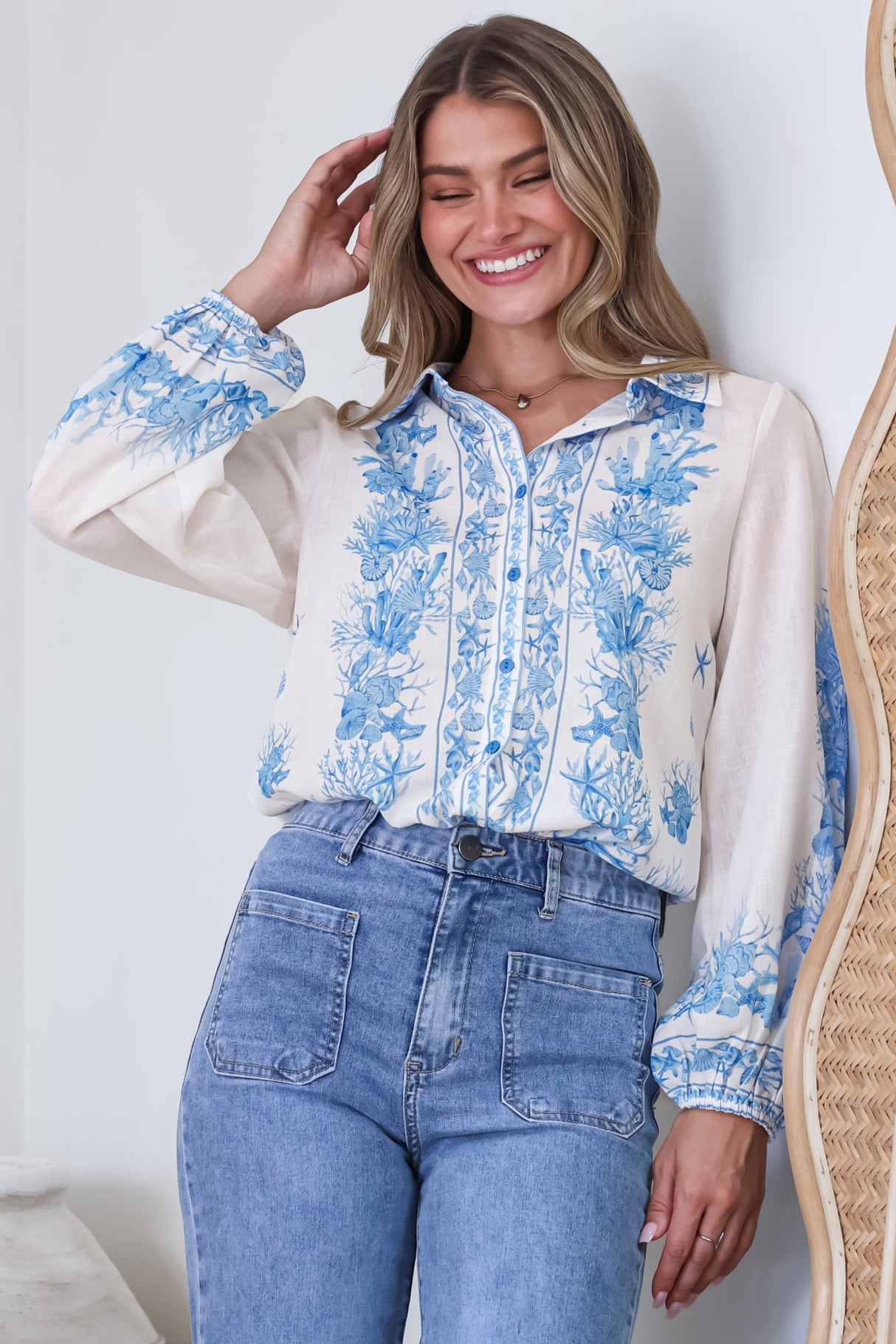 Hailie Shirt - Wing Collar Button Down with Long Balloon Sleeves in Sweeney Print Blue