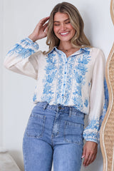 Hailie Shirt - Wing Collar Button Down with Long Balloon Sleeves in Sweeney Print Blue