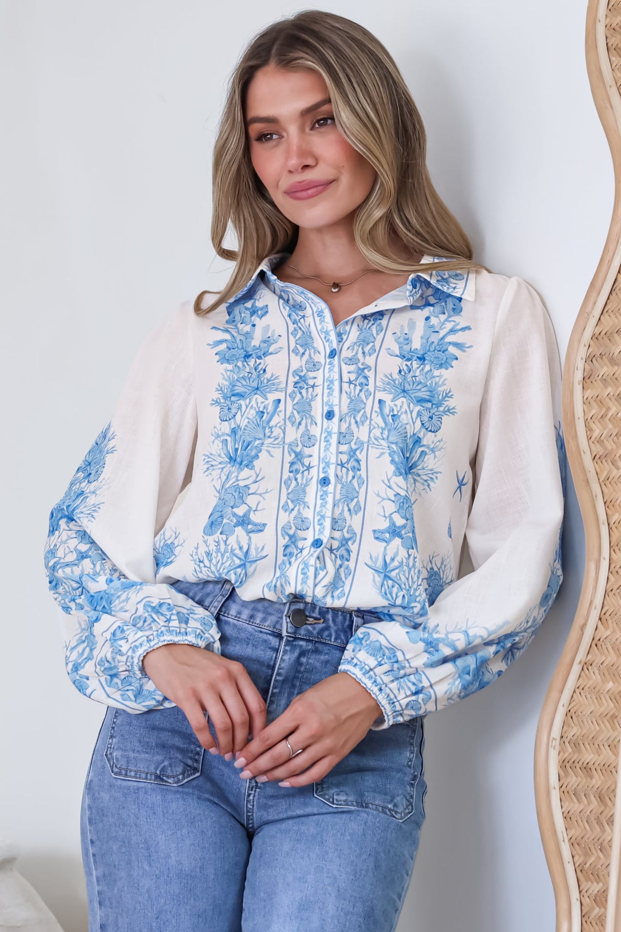 Hailie Shirt - Wing Collar Button Down with Long Balloon Sleeves in Sweeney Print Blue