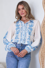Hailie Shirt - Wing Collar Button Down with Long Balloon Sleeves in Sweeney Print Blue