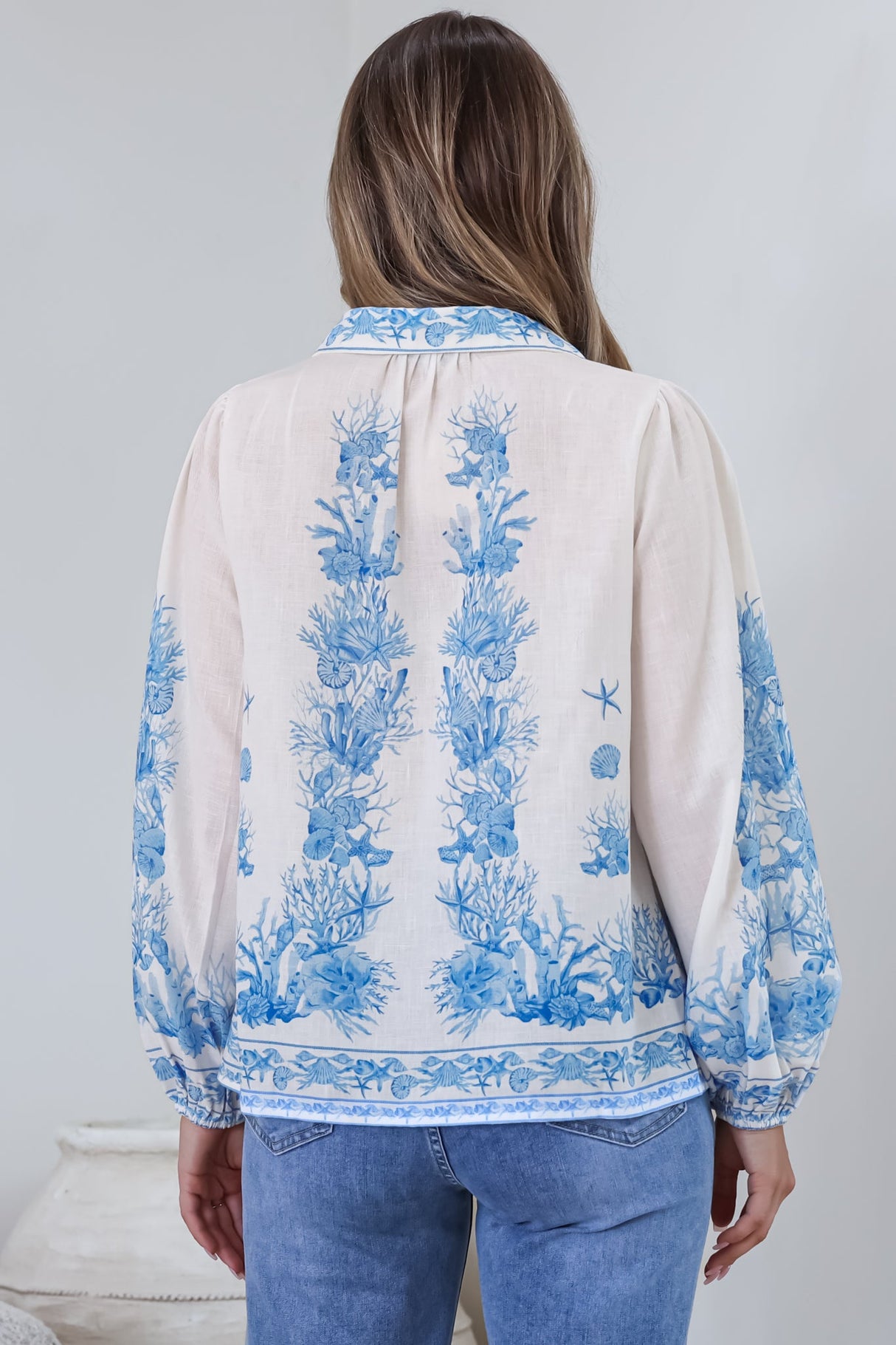 Hailie Shirt - Wing Collar Button Down with Long Balloon Sleeves in Sweeney Print Blue