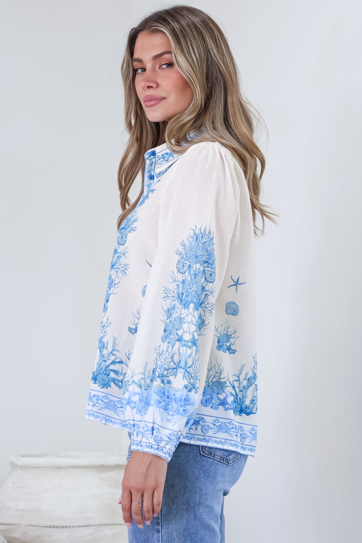 Hailie Shirt - Wing Collar Button Down with Long Balloon Sleeves in Sweeney Print Blue