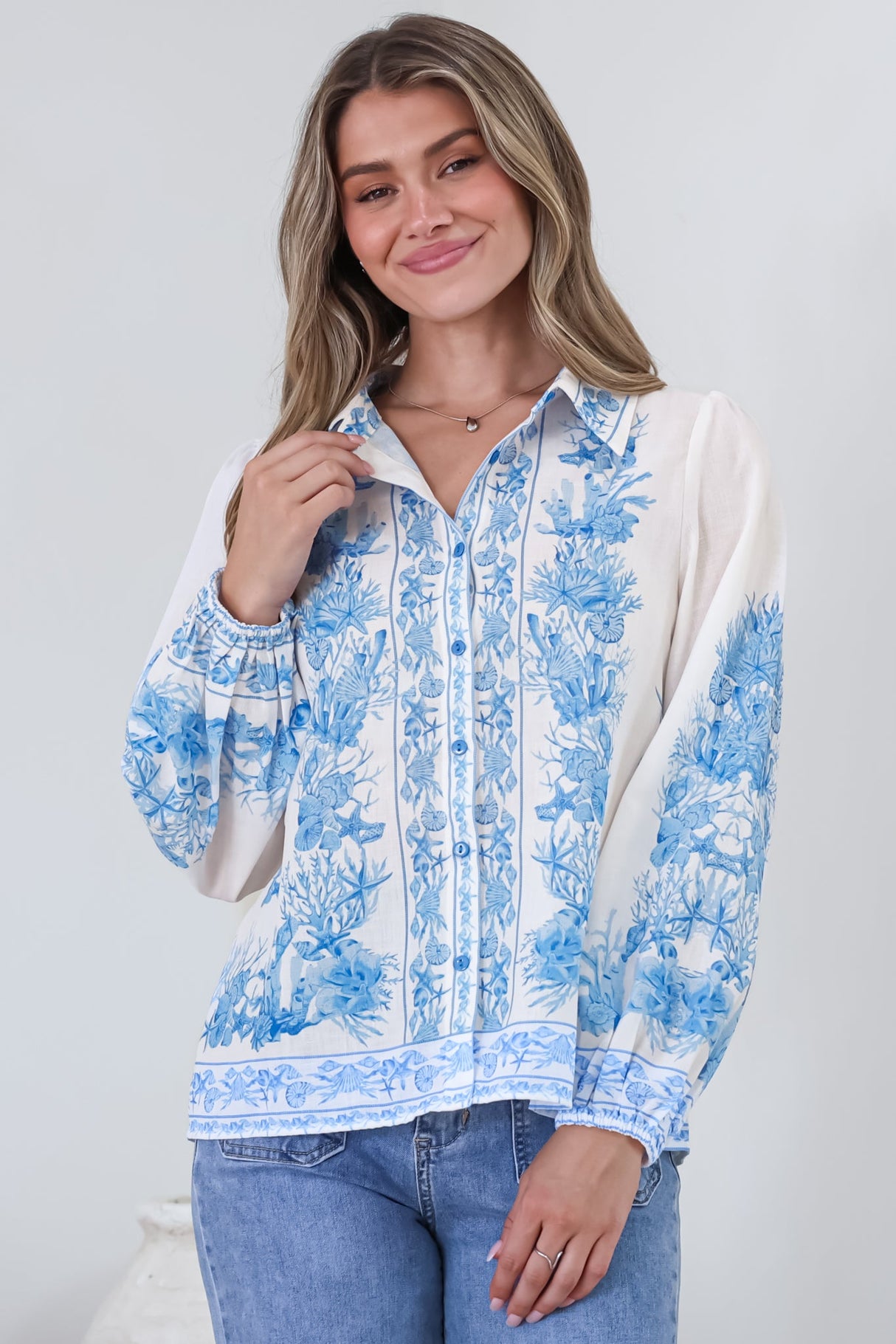 Hailie Shirt - Wing Collar Button Down with Long Balloon Sleeves in Sweeney Print Blue